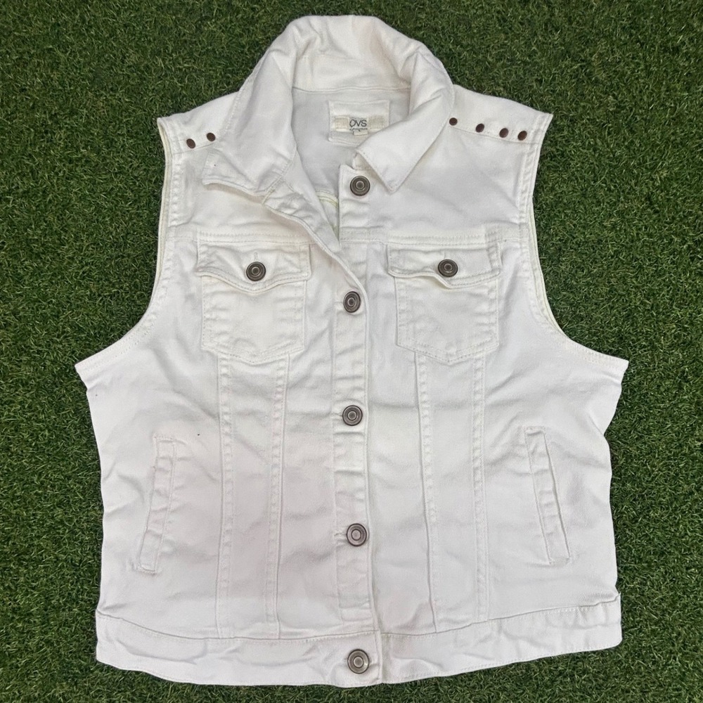 OVS White Denim Vest Studded Shoulder Sleeveless Button Front Jacket Large